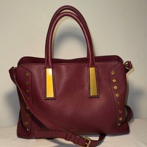 DKNY Burgundy Genuine Leather Satchel Shoulder Bag with Gold Accents New